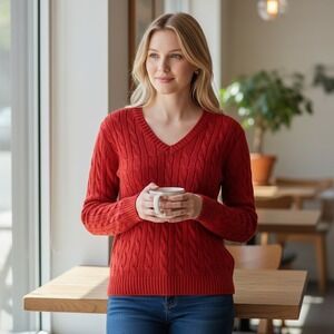 Tommy Hilfiger Red‎ Cable Knit V-Neck Long Sleeve Sweater Women's Large